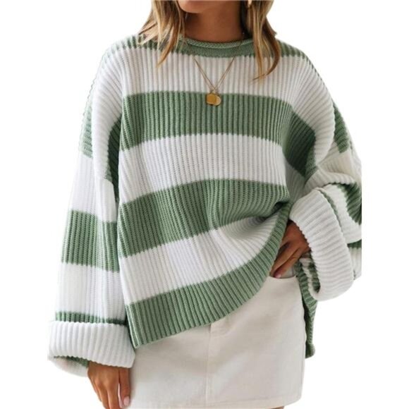 Womens oversized striped color block knit long sleeve pullover sweater soft fall
